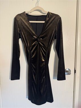 ZARA Long Sleeve Velvety Metallic Twist-Front V-Neck Women’s Bodycon Mini Dress